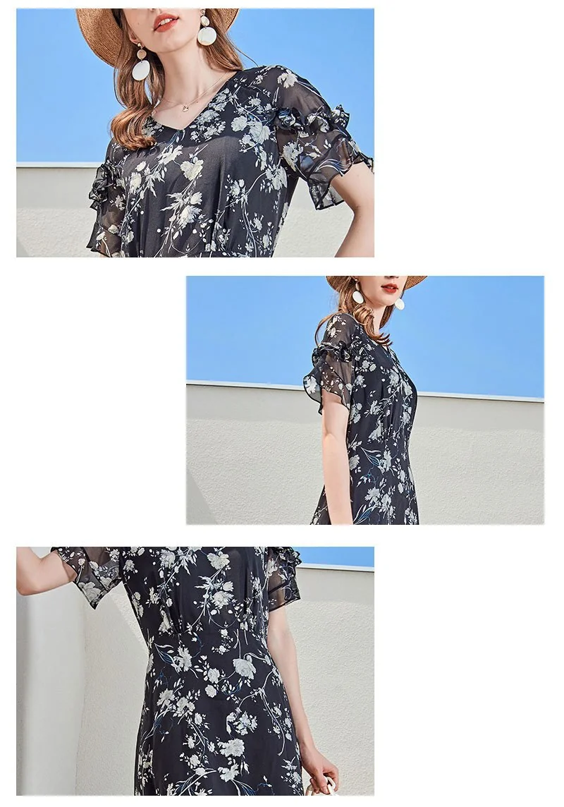 100% Silk Women's Runway Dresses V Neck Short Sleeves Printed Ruffles Fashion Casual Summer Dresses - Image 4