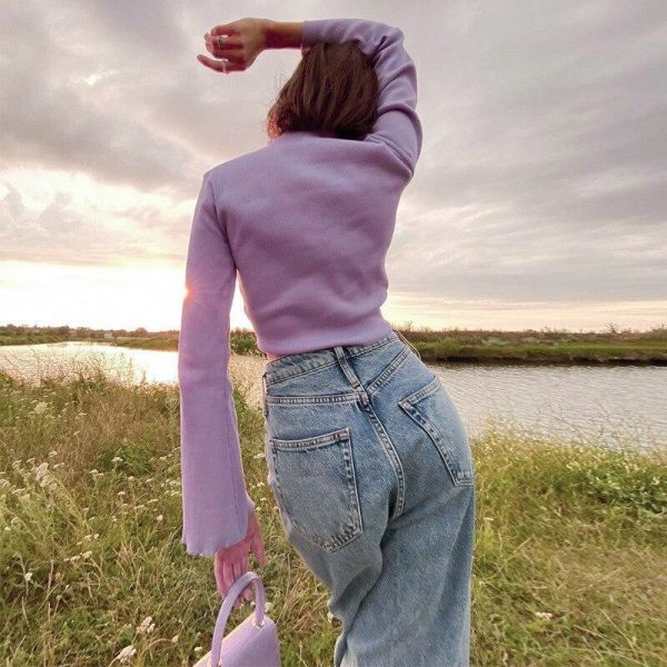 LVINMW V Neck Flare Sleeve Long Drawstring Slim Purple Crop Top Pleated Solid Simple Sweet T Shirts Women Casual Autumn Tops - Takalr