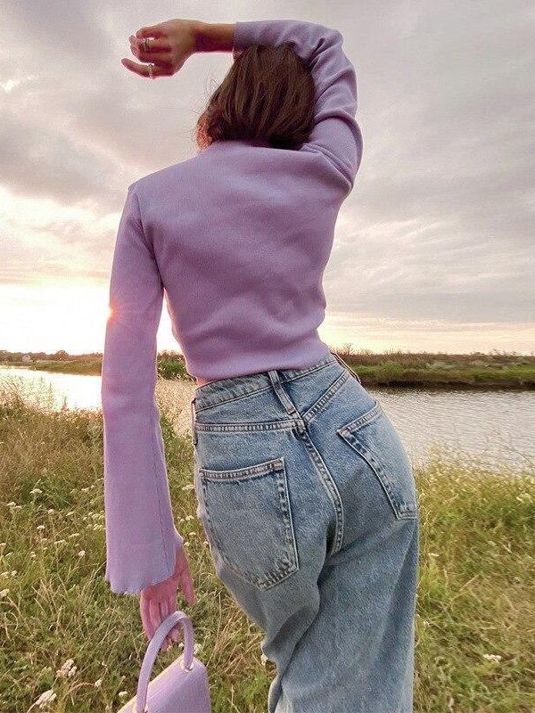 LVINMW V Neck Flare Sleeve Long Drawstring Slim Purple Crop Top Pleated Solid Simple Sweet T Shirts Women Casual Autumn Tops - Takalr