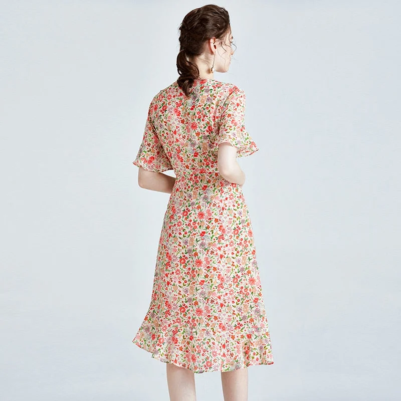 100% Silk Women's Runway Dresses Sexy V Neck Short Flare Sleeves Ruffles Floral Printed Asymmetrical Fashion Casual Dresses - Image 7