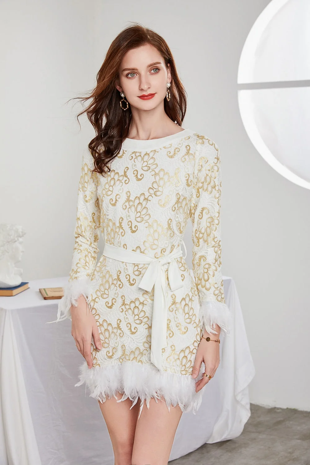 Women's Runway Dresses O Neck Long Sleeves Feather Patchwork Embroidery Lace Up Elegant Fashion Short Designer Dresses Vestidos - Image 2