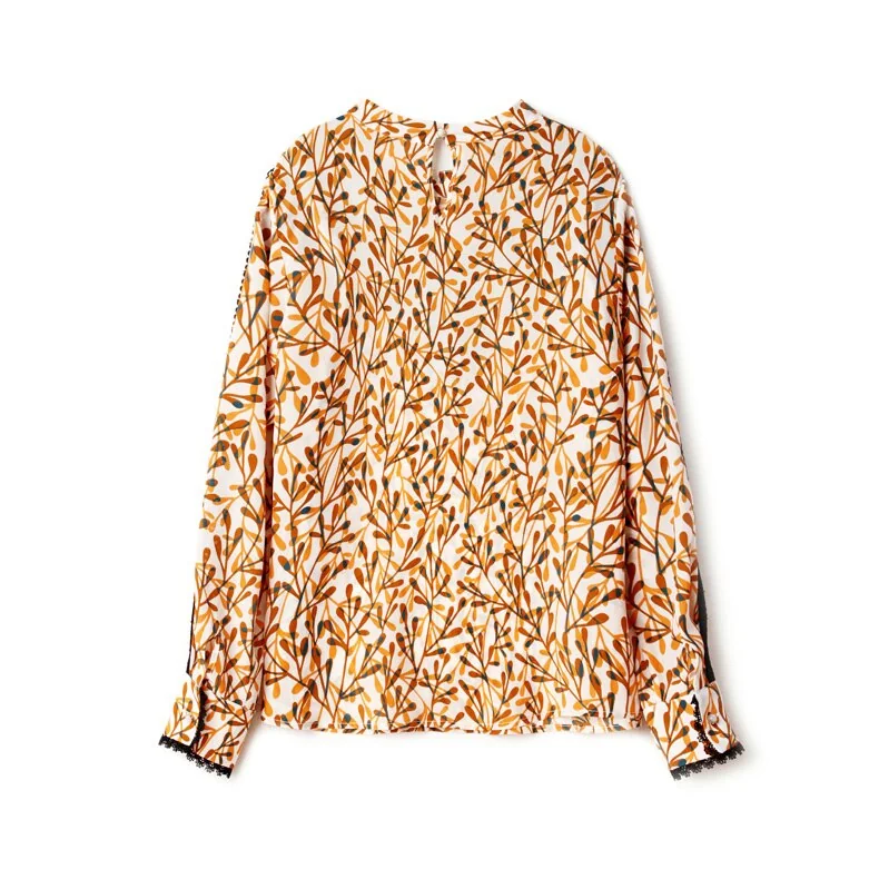 100% Silk Women's Blouse O Neck Long Sleeves Printed Hollow Out Lace Patchwork Fashion Casual Shirt Tops - Image 8