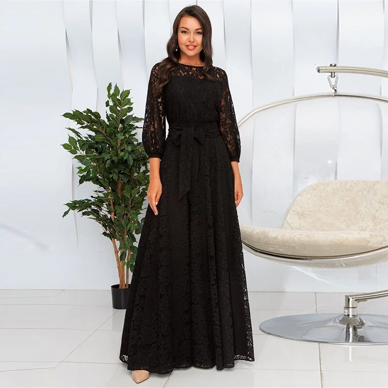 Vintage Black Lace Maxi Dress For Party And Festival Lantern Sleeve o Neck Bandage Sexy Dresses For Women - Image 2