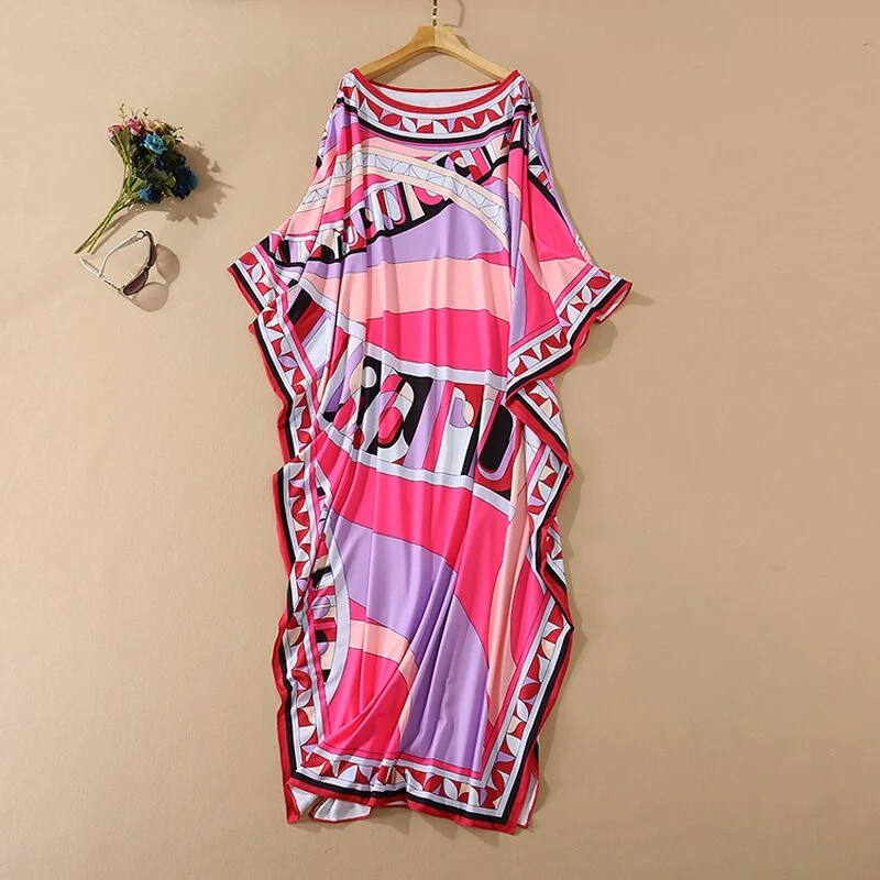 Women's Runway Loose Design Dresses Slash Neckline Batwing Sleeves Multicolor Printed Elegant High Street Maxi Dresses - Image 9