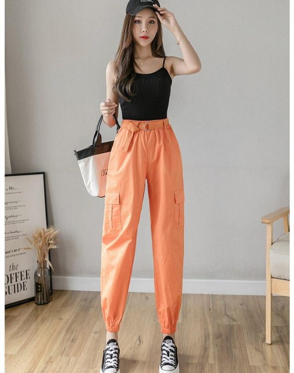 High Waist  Women's Looses Cargo Pants With belt nine-point harem pants Colorfur  high waist pants sashes pockets office pants - Takalr