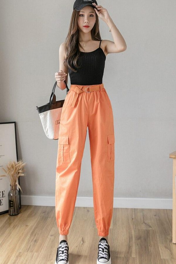 High Waist  Women's Looses Cargo Pants With belt nine-point harem pants Colorfur  high waist pants sashes pockets office pants - Takalr