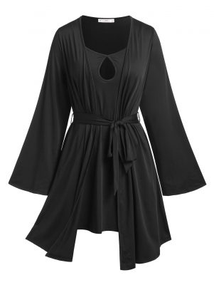 2 in 1 Black Keyhole Dress and Belted Robe Set Full Sleeve Female Tops