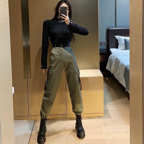 Spring Autumn Ribbon Cargo Pants For Women High Waist Hip Hop Trousers Loose BF Harajuku Handsome Hip Hop Pants Woman Cloth - Takalr