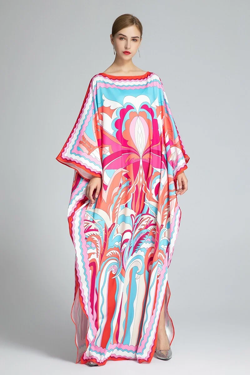 Women's Runway Dresses Slash Neckline Long Batwing Sleeves Printed Loose Design Knitted Elegant Causal Long Dresses Robes