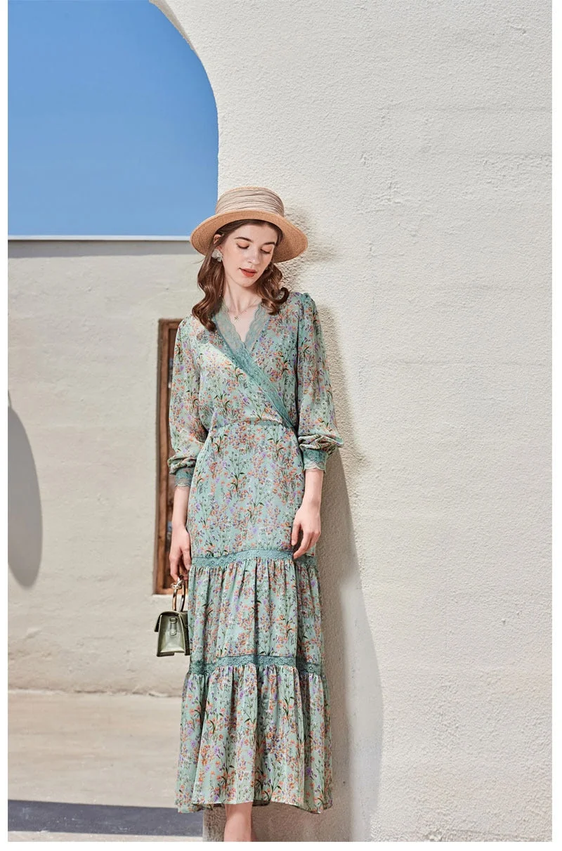 100% Silk Women's Runway Dresses Sexy V Neck Long Sleeves Lace Patchwork Printed Fashion Casual Dresses
