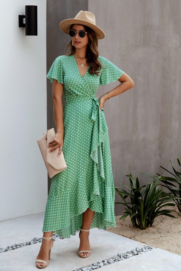 Summer Maxi Dress Women Polka Dot Sexy V Neck Ruffles Short Sleeve Holiday Long Beach Sundress Ladies Lace Up Wrap Party Dresses - Takalr