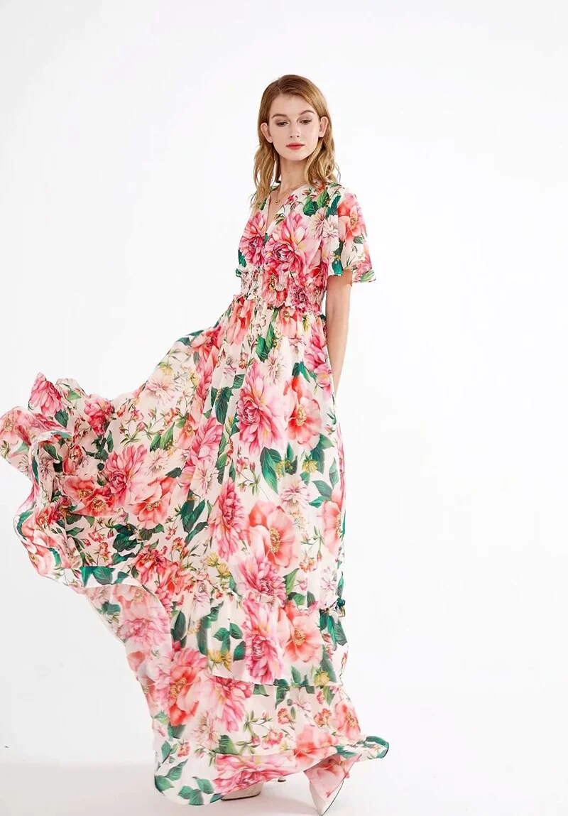 Women's Runway Dresses Sexy V Neck Short Flare Sleeves Floral Printed Tiered Ruffles Fashion Elegant Prom Long Dresses - Image 3