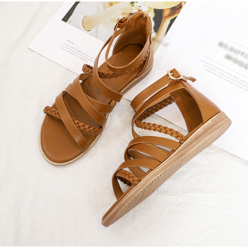 Sandals Women Women's Woven Flat Sandals Female PU Outdoor Cross Strap Vintage Roman Summer Beach Shoes Ladies Plus Size - Image 9