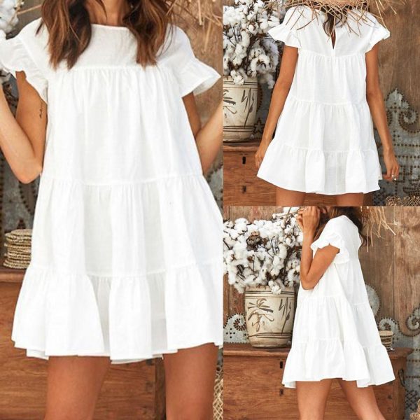 Women Casual Ruffle O Neck Short Sleeve Dress - Takalr