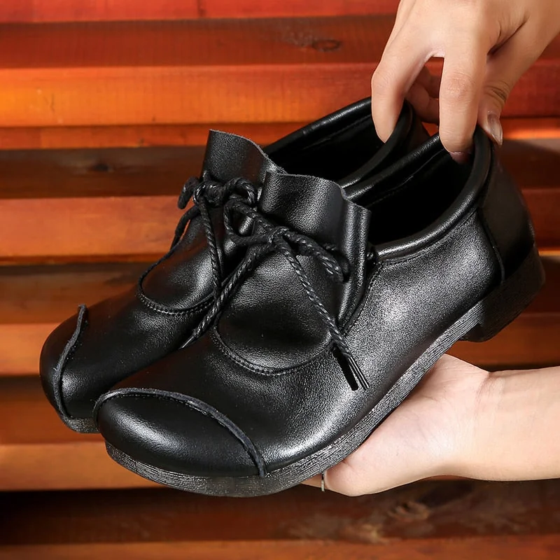 Flats Women Shoes Genuine Leather Big Toe Spring Autumn Slip-On Handmade Retro Concise Ladies Shoes - Image 4