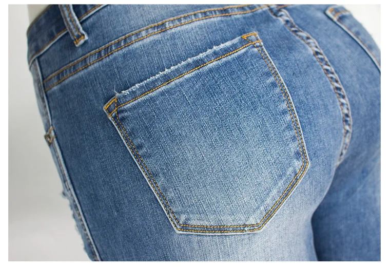 Ripped Mid-waist Stretch Jeans Women's Trousers Pencil Pants Split Hem Destroy Jeans - Image 15
