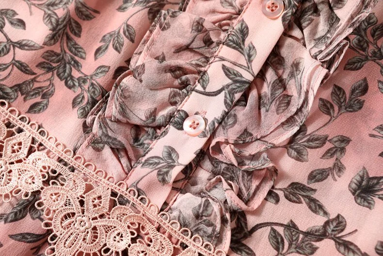 100% Natural Silk Women's Dresses O Neck Long Sleeves Ruffles Tired Lace Patchwork Printed Fashin Dress Vestidos - Image 13
