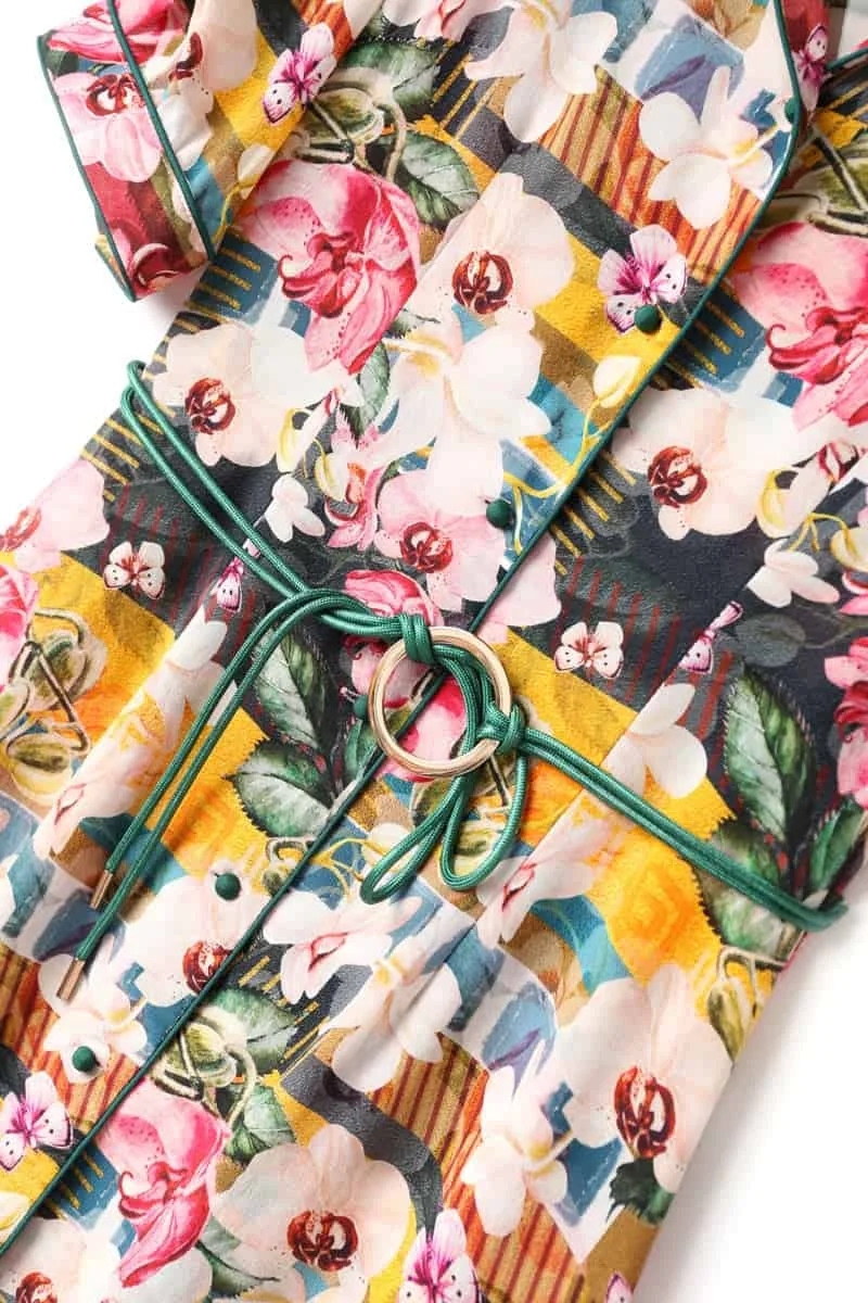 100% Natural Silk Women's Runway Dresses Turn Down Collar Short Sleeves Floral Printed Sash Belt Fashion Summer Holiday Bohemian - Image 13