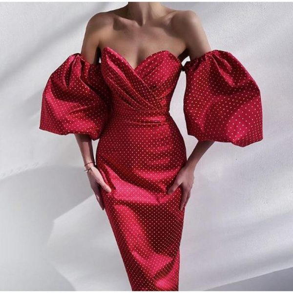 Polka Dot High Waist Midi Dresses Women V-Neck Sweet Long Puff Sleeve Elegant Dress Female 2021 Christmas Lady Party Vestidos - Takalr