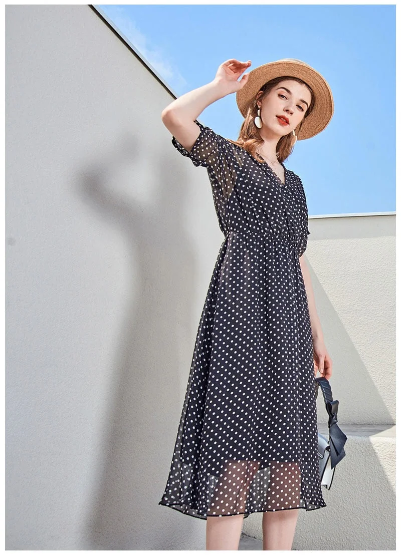 100% Silk Women's Runway Dresses Sexy V Neck Short Ruched Sleeves Polka Dots Printed Fashion Casual Summer Dresses - Image 8