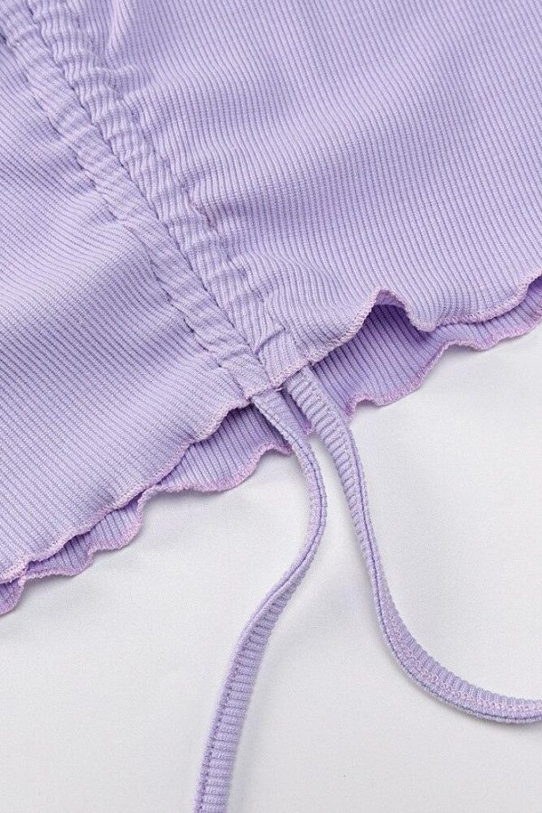 LVINMW V Neck Flare Sleeve Long Drawstring Slim Purple Crop Top Pleated Solid Simple Sweet T Shirts Women Casual Autumn Tops - Takalr