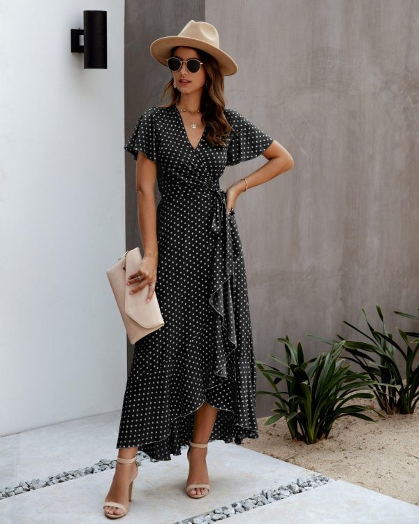 Summer Maxi Dress Women Polka Dot Sexy V Neck Ruffles Short Sleeve Holiday Long Beach Sundress Ladies Lace Up Wrap Party Dresses - Takalr