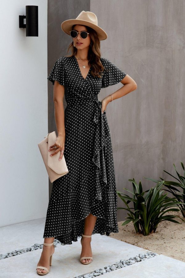 Summer Maxi Dress Women Polka Dot Sexy V Neck Ruffles Short Sleeve Holiday Long Beach Sundress Ladies Lace Up Wrap Party Dresses - Takalr