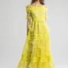 Women's Runway Designer Dresses Slash Neckline Short Sleeves Ruffles Appliques Elegant Long Party Prom Maxi Dress