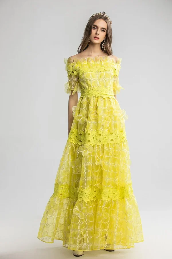 Women's Runway Designer Dresses Slash Neckline Short Sleeves Ruffles Appliques Elegant Long Party Prom Maxi Dress