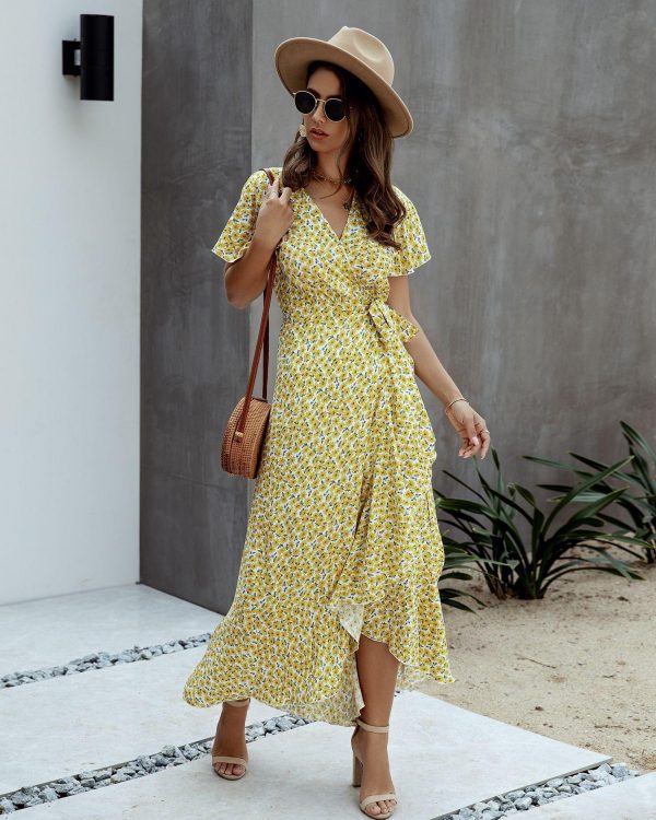 Summer Maxi Dress Women Polka Dot Sexy V Neck Ruffles Short Sleeve Holiday Long Beach Sundress Ladies Lace Up Wrap Party Dresses - Takalr