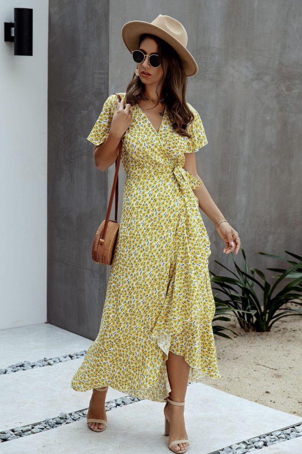 Summer Maxi Dress Women Polka Dot Sexy V Neck Ruffles Short Sleeve Holiday Long Beach Sundress Ladies Lace Up Wrap Party Dresses - Takalr