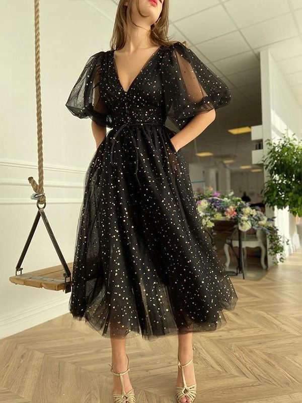 Black Mesh Starry Tulle Elegant Dresses Women Sparkly V-Neck Puff Sleeves Wedding Party Button Lace Up Split Gowns Club Dress - Takalr