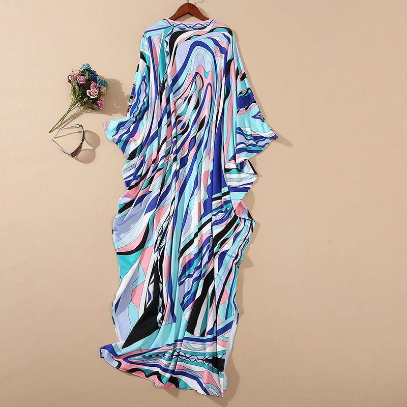 Women's Runway Dresses Sexy V Neck Batwing Sleeves Printed Knitted Loose Design Long Spit Fashion Dresses - Image 9