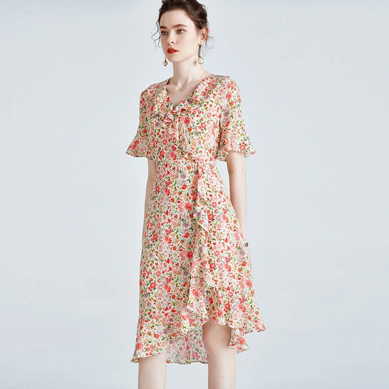 100% Silk Women's Runway Dresses Sexy V Neck Short Flare Sleeves Ruffles Floral Printed Asymmetrical Fashion Casual Dresses - Image 3