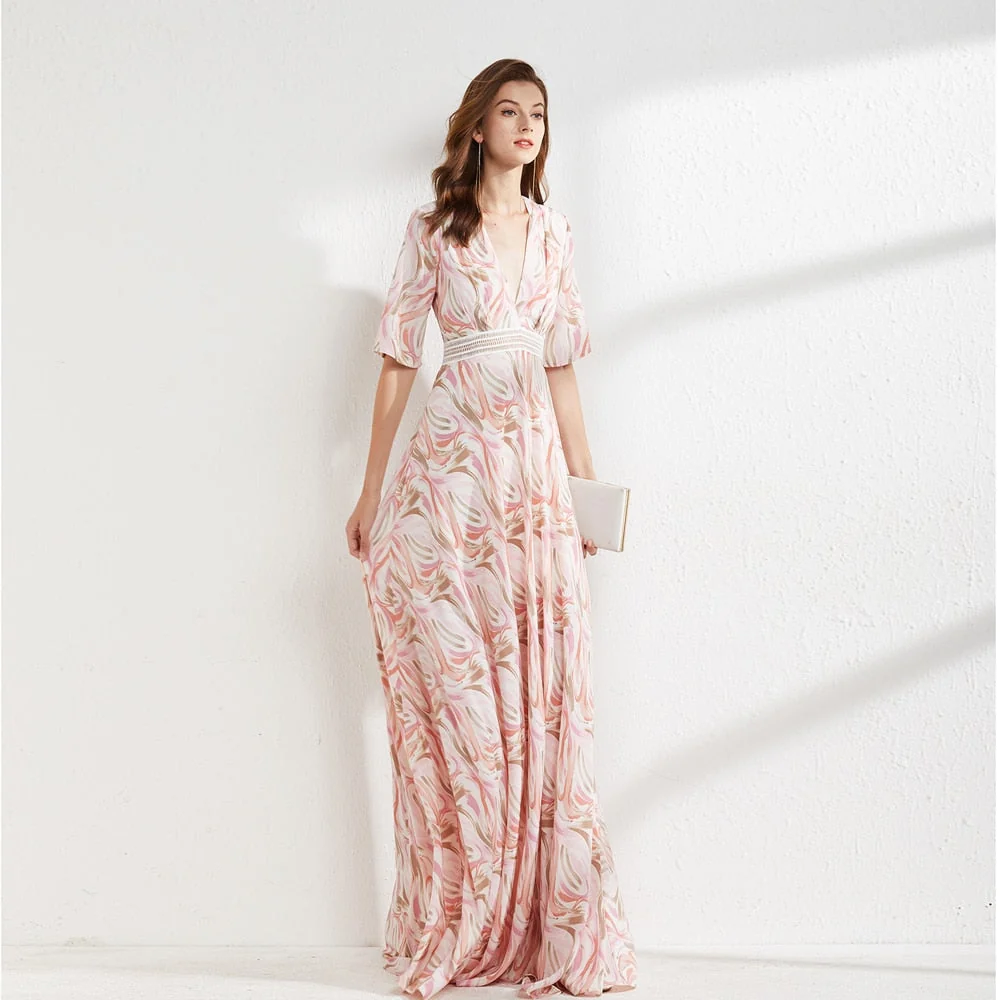 Women's Runway Dresses Sexy V Neck Short Sleeves Printed Elegant Summer Long Floor Length Dress Party Prom - Image 5