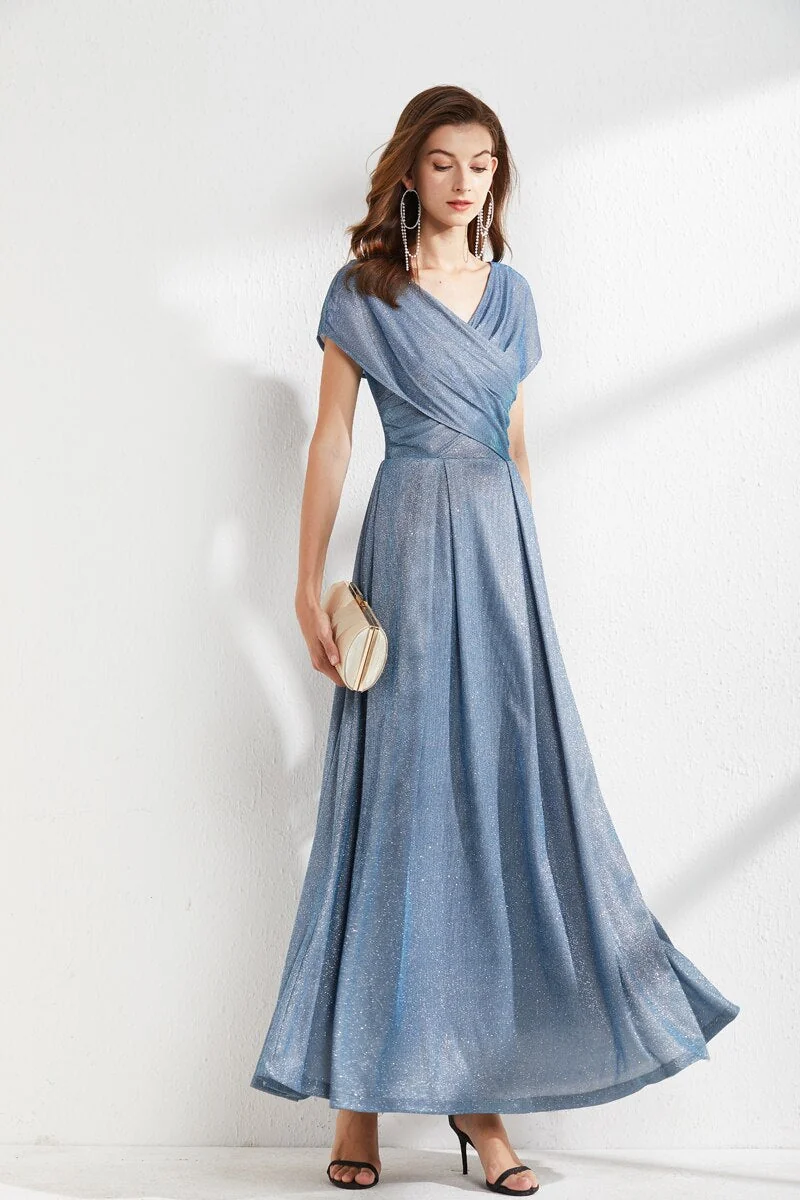 Women's Runway Dresses V Neck Cape Sleeves Criss Cross Elegant Long Maxi Dress Party Prom - Image 2
