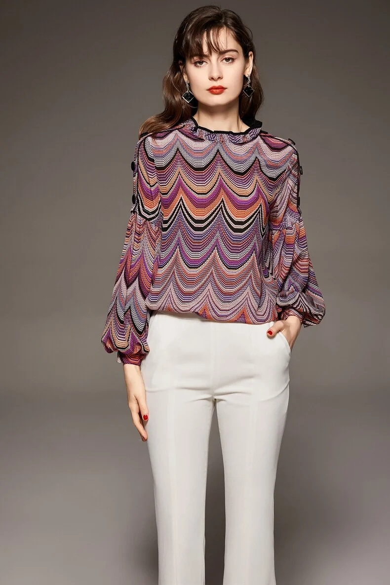 100% Silk Women's Shirt Ruffled Collar Long Lantern Sleeves Waves Printed Piping Fashion Casual Blouse - Image 2