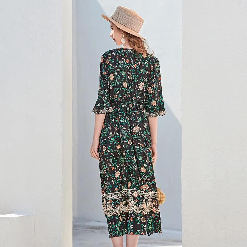 100% Silk Women's Runway Dresses Sexy V Neck 3/4 Flare Sleeves Floral Printed Fashion Mid Summer Dresses - Image 6