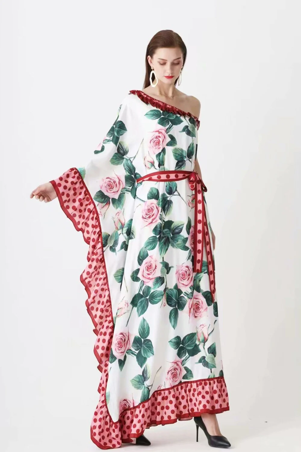 Women's Runway Dresses Sexy One Shoulder Ruffles Floral Printed Sash Belt Loose Design Fashion Long Maxi Bohemian Dresses - Image 7