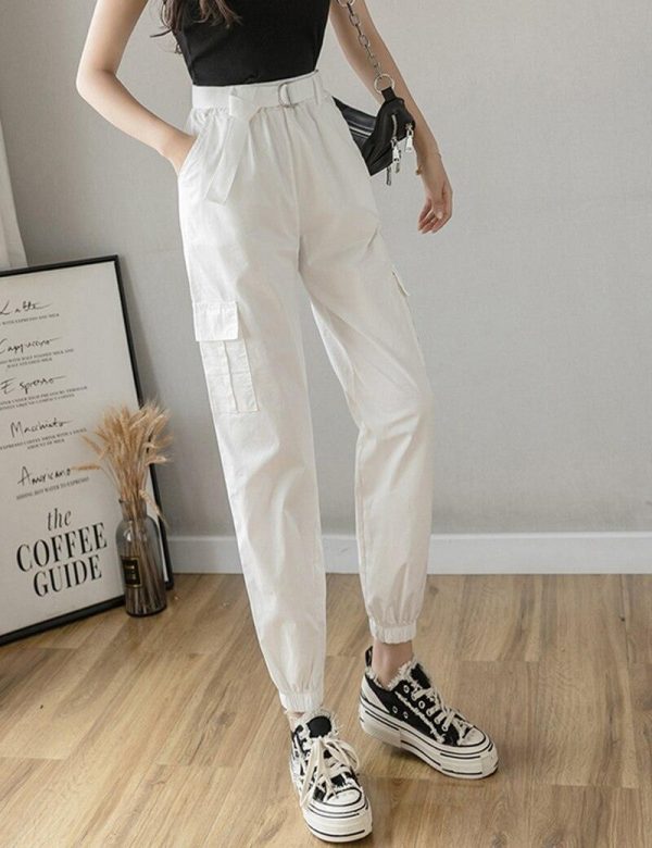 High Waist  Women's Looses Cargo Pants With belt nine-point harem pants Colorfur  high waist pants sashes pockets office pants - Takalr