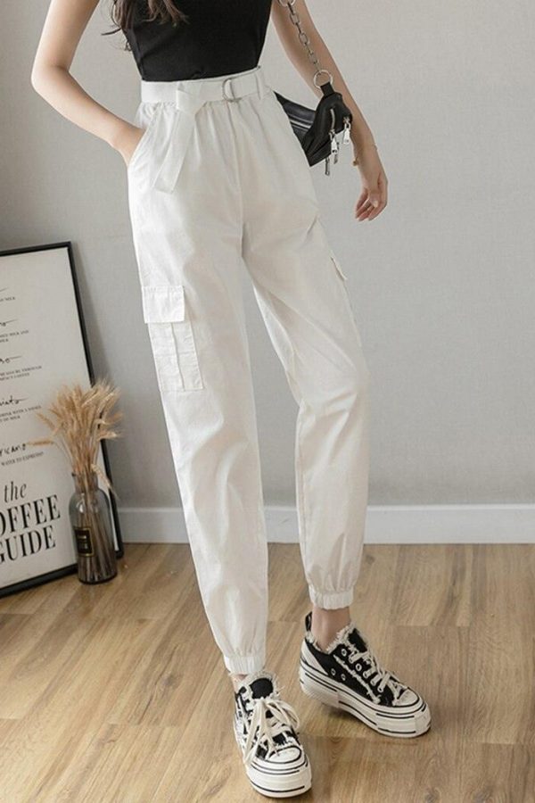 High Waist  Women's Looses Cargo Pants With belt nine-point harem pants Colorfur  high waist pants sashes pockets office pants - Takalr