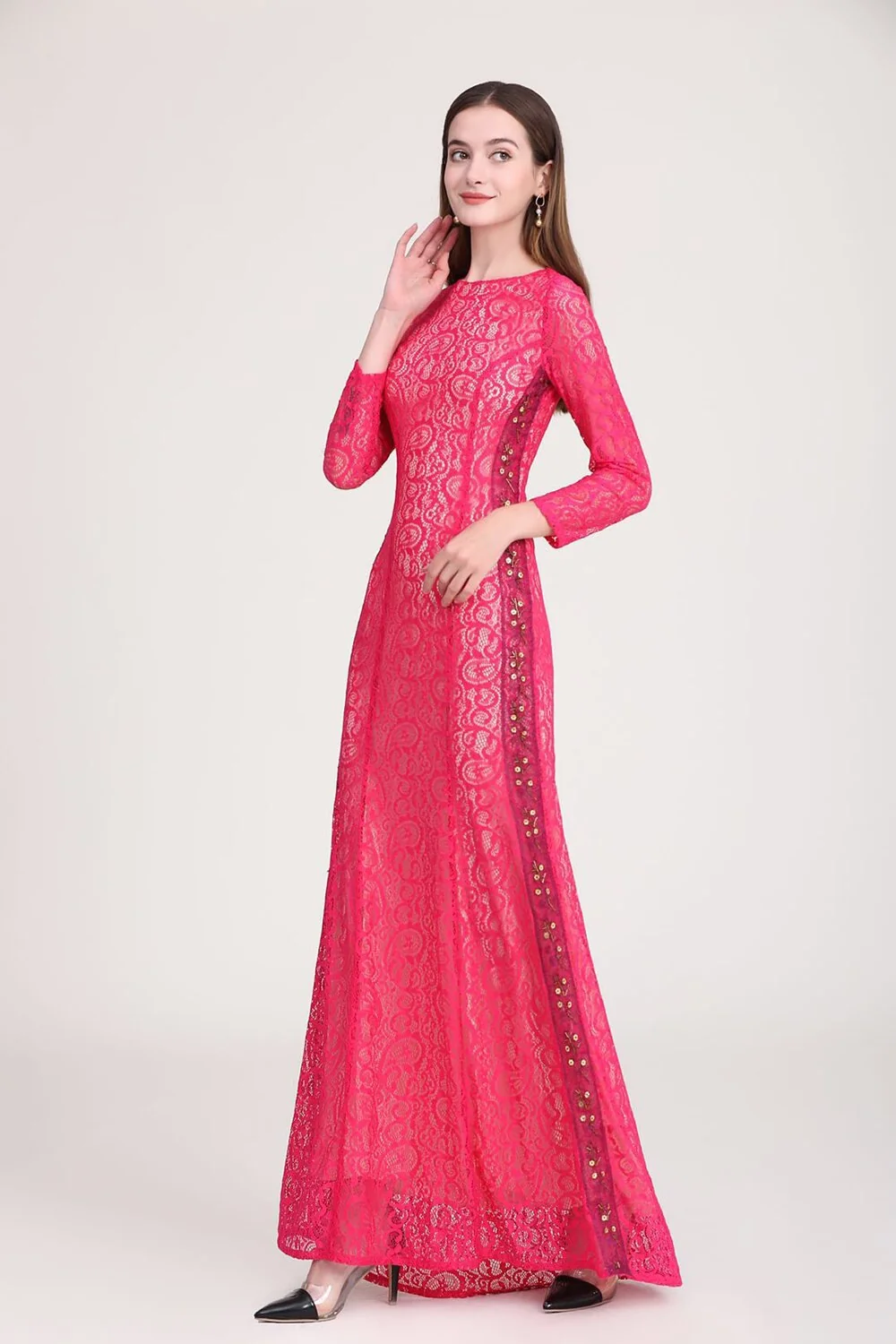 Women's Party Dress O Neck Embroidery Lace Long Sleeves Beaded Elegant Long Prom Runway Dresses - Image 2