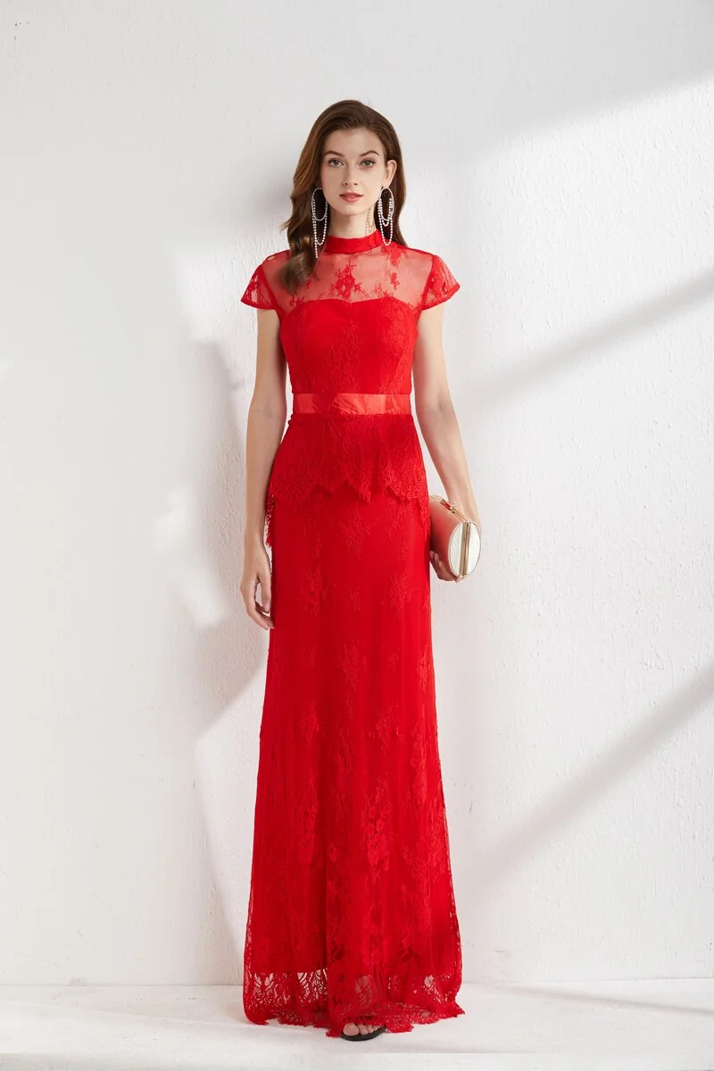 Women's Runway Dresses Stand Collar Short Sleeves Embroidery Lace Ruffles Elegant Long Pencil Evening Party Prom - Image 10