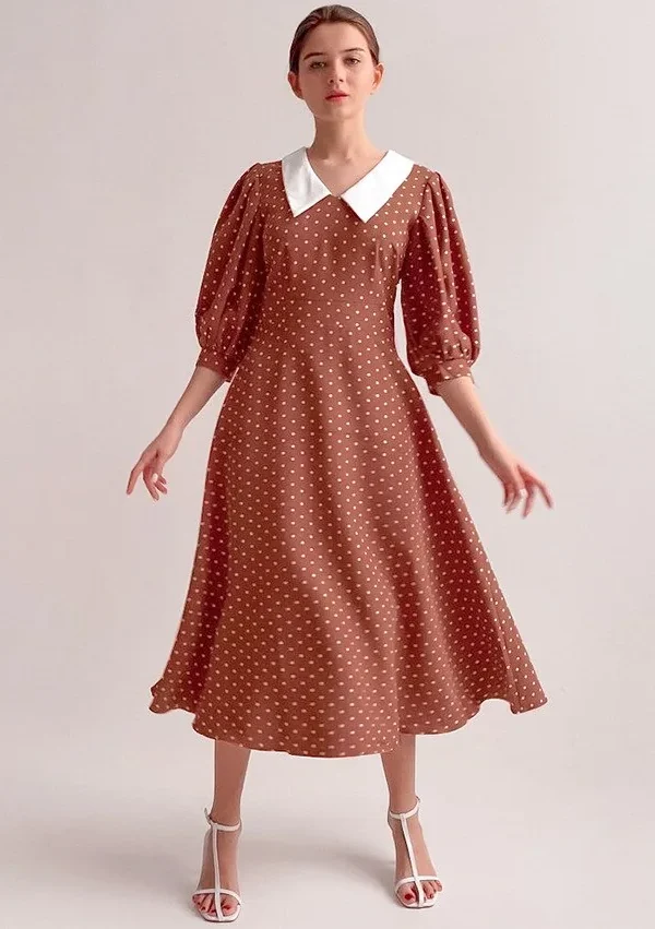 Polka Dot Printed a Line Party Dress Lantern Sleeve Turn Down Collar Vintage High Waist Sweet Summer New