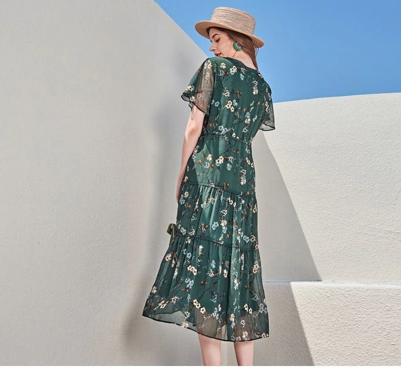 100% Silk Women's Runway Dresses Sexy V Neck Flare Short Sleeves Printed Tiered Ruffles Fashion Summer Holiday Dresses - Image 5