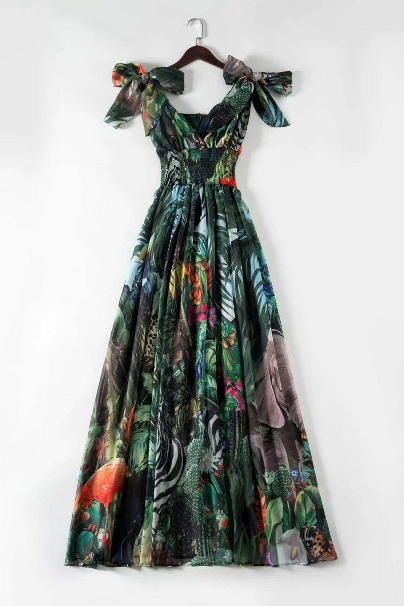 Women's Runway Dresses Sexy V Neck Sleeveless Lace Up Bow Printed Elastic Waist Elegant Long Floral Dresses - Image 9