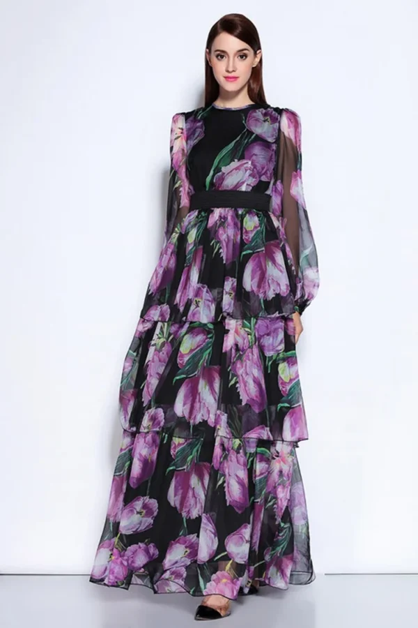 Women's Runway Dresses O Neck Long Sleeves Floral Printed Tiered Ruffles Fashion Maxi Autumn Dresses