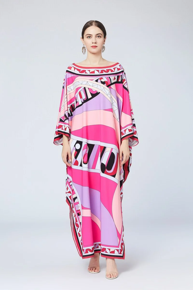 Women's Runway Loose Design Dresses Slash Neckline Batwing Sleeves Multicolor Printed Elegant High Street Maxi Dresses