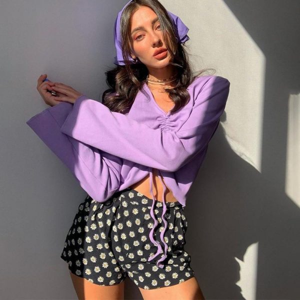 LVINMW V Neck Flare Sleeve Long Drawstring Slim Purple Crop Top Pleated Solid Simple Sweet T Shirts Women Casual Autumn Tops - Takalr