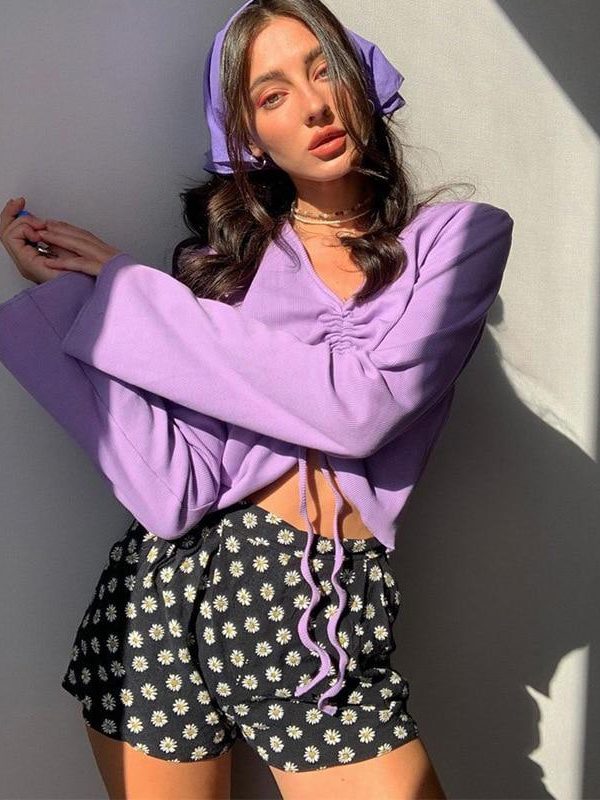 LVINMW V Neck Flare Sleeve Long Drawstring Slim Purple Crop Top Pleated Solid Simple Sweet T Shirts Women Casual Autumn Tops - Takalr